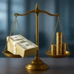 퇴직금 일시금과 연금 수령의 장단점을 저울로 정밀하게 비교하는 모습입니다.