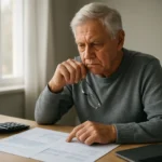 시니어 부부가 은퇴 후 자산 관리와 상속 계획을 위해 테이블에 앉아 재무 문서를 살펴보고 있습니다.