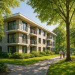 초록색 나무와 산책로가 어우러진 깨끗한 저층형 아파트 단지의 외부 풍경