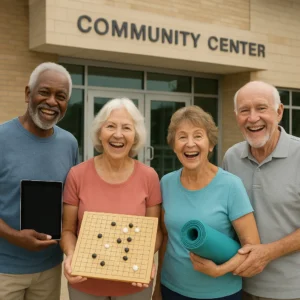 다양한 여가 활동 기구를 든 어르신들이 복지관 앞에서 활짝 웃고 있는 모습입니다.