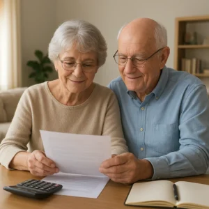 따뜻한 햇살이 드는 거실에서 다정하게 노후 대비 서류를 검토하고 있는 노부부