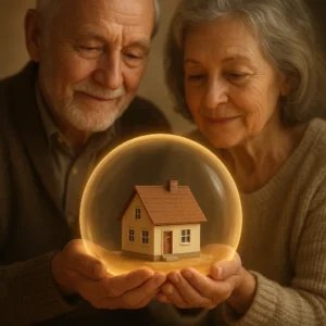 은퇴 부부가 실거주 주택을 안전하게 지키며 재정적 보호를 받는 모습을 상징하는 이미지