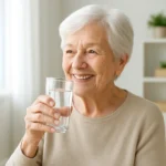 밝고 편안한 표정으로 물을 마시며 구강 건강을 챙기는 노인의 썸네일 이미지