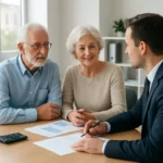 노부부가 재무 상담사와 함께 기초연금 관련 금융 서류를 살펴보며 논의하는 모습입니다.