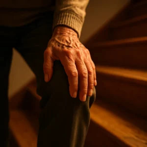 계단을 내려가던 중 무릎 관절 부위에 손을 얹고 불편함을 느끼는 중장년의 모습입니다.