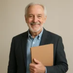 단정한 복장으로 관련 서류를 들고 환하게 미소 짓는 중년 남성의 신뢰감 있는 모습입니다.