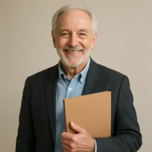 단정한 복장으로 관련 서류를 들고 환하게 미소 짓는 중년 남성의 신뢰감 있는 모습입니다.