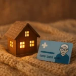 따뜻한 빛이 새어나오는 집 모형과 복지 카드가 놓여 있어 겨울철 난방비 지원 제도를 직관적으로 보여줍니다.