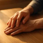 밝은 아침 햇살을 받으며 자신의 뻣뻣한 손가락을 조심스럽게 마사지하고 있는 모습입니다.