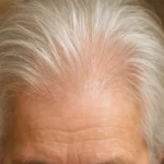 노년층의 건강하고 튼튼한 모근과 깨끗한 두피 상태를 보여주는 근접 촬영 사진.