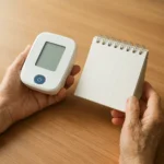 혈압계와 달력으로 일상 속에서 혈압과 건강을 규칙적으로 꼼꼼하게 관리하는 모습