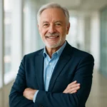 깔끔한 비즈니스 캐주얼 차림으로 팔짱을 끼고 밝은 미소를 짓고 있는 자신감 넘치는 60대 시니어의 모습입니다.