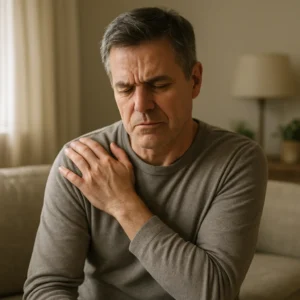 어깨 통증으로 불편함을 느끼며 어깨를 감싸 안고 있는 중년 여성의 모습입니다.