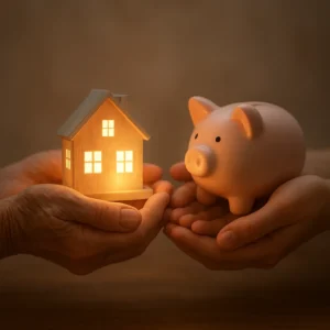 시니어와 젊은 세대가 함께 빛나는 모형 집을 들고 자산 이전을 상징하는 모습입니다.